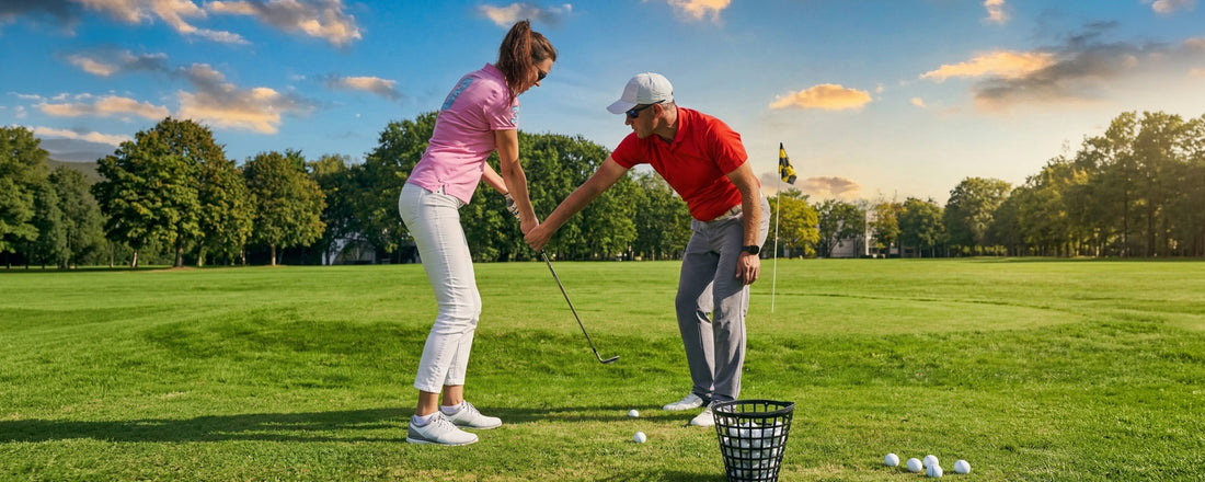 High handicap golfer practising with a Sure-Golf training aid on the practice range - best golf training aids for high handicappers